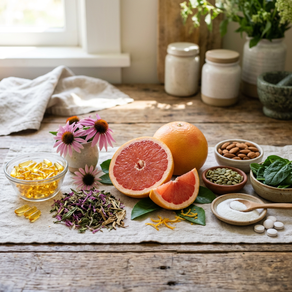 Grapefruit, capsules, dried herbs, almonds, pumpkin seeds, spinach, powder, tablets, and pink flowers on a wooden table